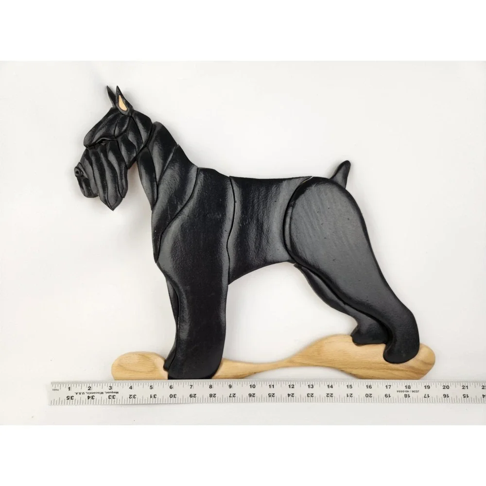 Vtg Wood Intarsia‎ Giant Black Schnauzer dog Working Handmade Wall Art Artisan